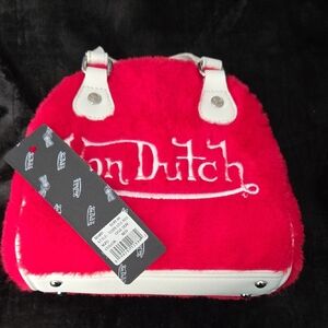 Von Dutch Hot Pink Faux Fur Mini Top-Handle Bag with White Trim